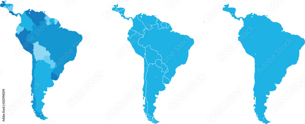 Obraz premium South America Blue Map Set Political Outline and Silhouette Vector Design