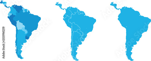 Fotografie South America Blue Map Set Political Outline and Silhouette Vector Design