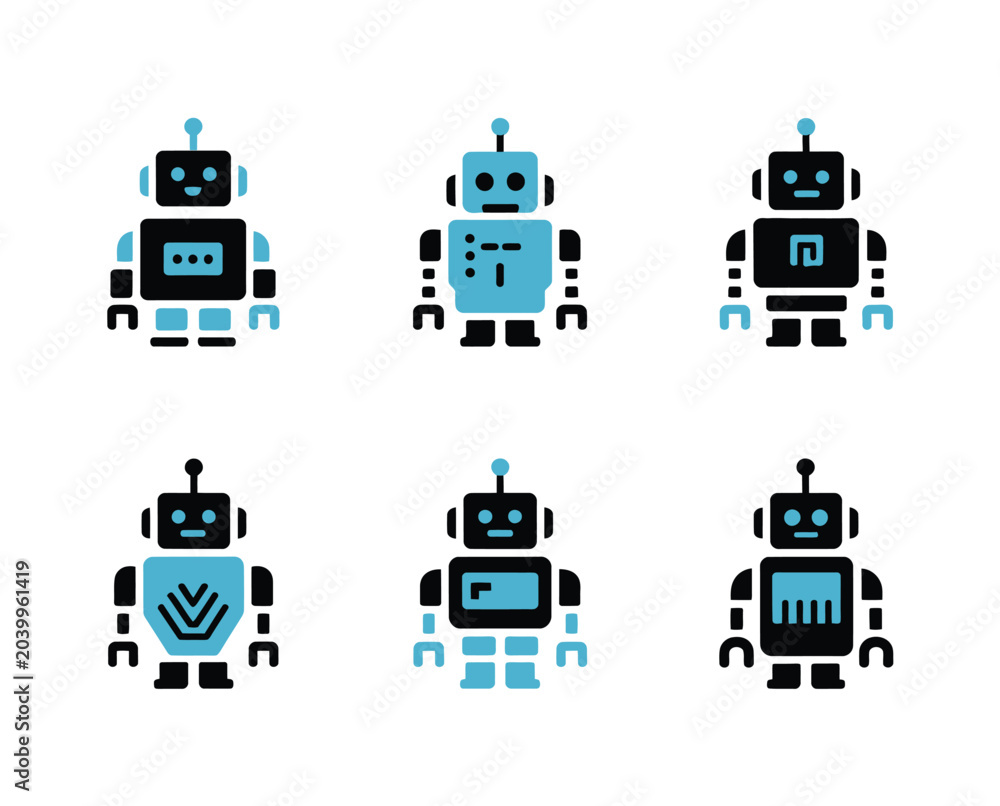 Fototapeta premium Six Black and Blue Robot Icons on White Background