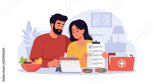 Vector illustration of a young couple sitting at a desk organizing family medical records, health insurance documents, and prescription medication using a laptop and paperwork.