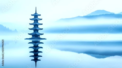 Serene Asian Pagoda Reflected in Calm Water with Misty Mountains in Background.