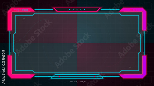 Futuristic neon HUD frame template with magenta corner panels, cyan outlines, empty dark grid display and stream node interface accents design