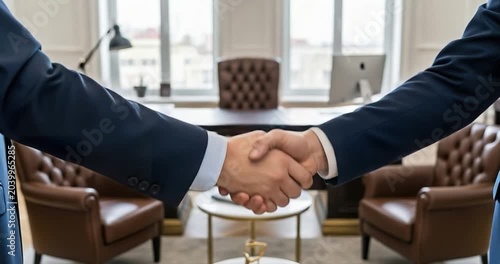 Business handshake agreement in an office setting