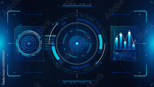 Schilderij op canvas Futuristic blue HUD interface with central circular radar, glowing grid frame, analytics chart, targeting reticles, and neon cyber controls