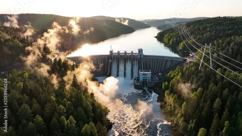 Hydroelectric dam reservoir spillway releasing water into misty forest river valley at sunrise with power lines and dramatic peaceful energy landscape
