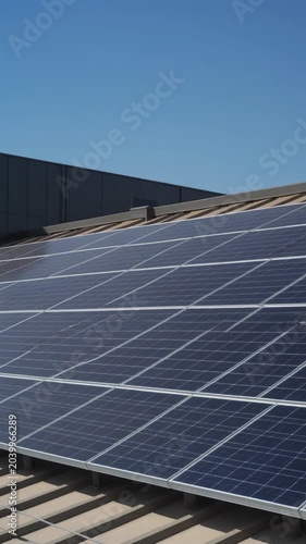 Solar panel rooftop blue sky sustainable energy roof residential installation modern architecture clean lines efficient renewable power array clear
