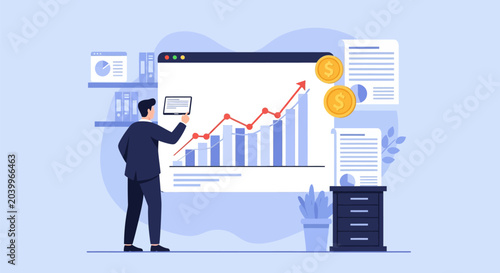 Businessman Analyzing Financial Growth and Stock Market Data Analytics on Digital Screen, Business Success and Investment Strategy Vector Illustration