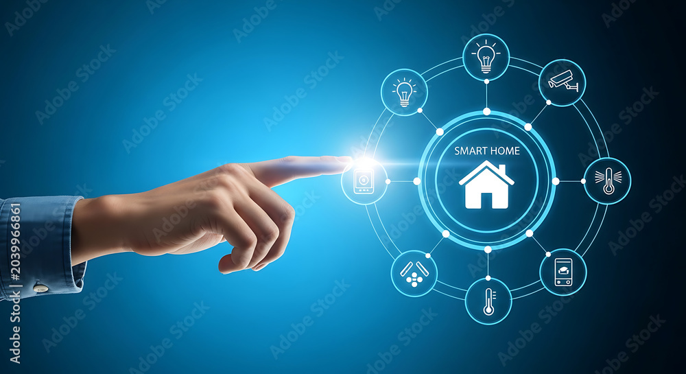 Fototapeta premium Hand touching smart home digital interface over blue background