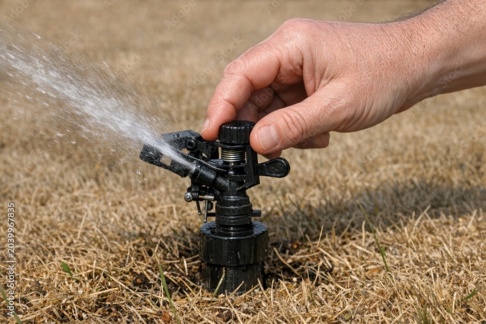 Fototapeta premium A person watering the lawn with a sprinkler system