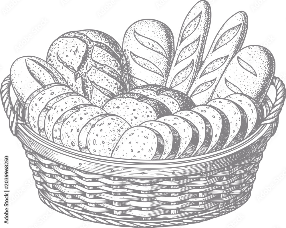 Fototapeta premium A wicker basket overflowing with assorted breads and sliced loaves