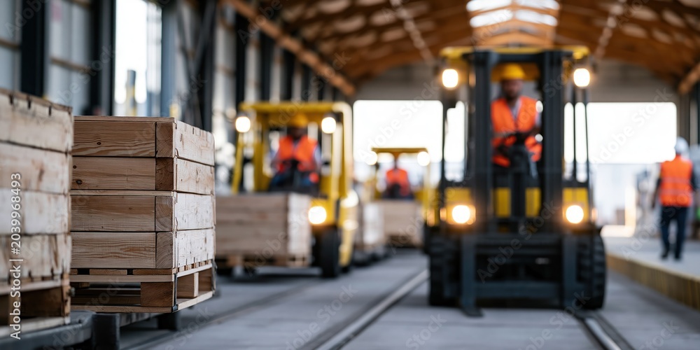 Naklejka premium Interior of a bustling warehouse, showcasing efficient forklifts moving wooden crates, representing industry and productivity in a modern day supply chain environment.