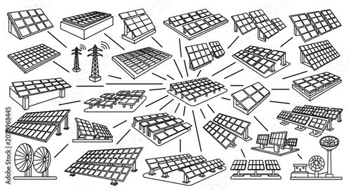 Collection of various solar panel installations and related equipment.
