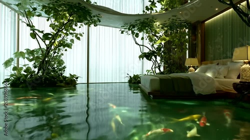 Serene Bedroom Oasis - A Tranquil Retreat with Indoor Pond and Lush Greenery.