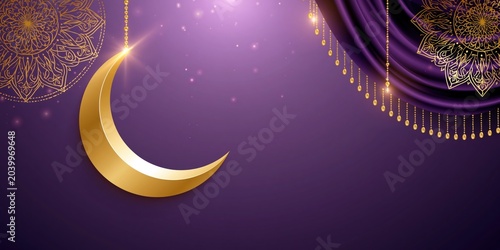 A stunning graphic illustration featuring a crescent moon and star against a purple backdrop, symbolizing spirituality and elegance in Islamic art.