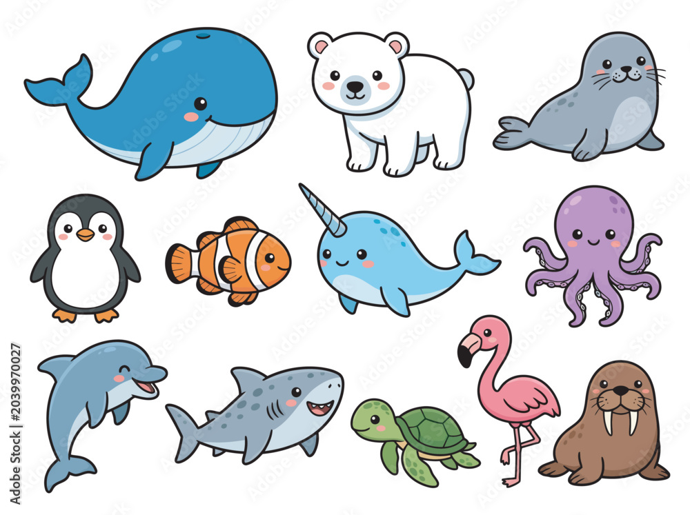 Fototapeta premium Set of Cute Kawaii Arctic and Sea Animals Cartoon Illustrations Including Whale Polar Bear Penguin Octopus Turtle Shark and Flamingo