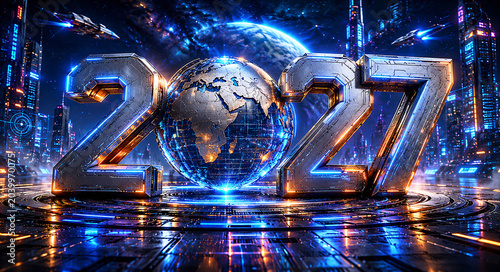 New Year 2027 Creative Futuristic Design Concept with Earth globe 