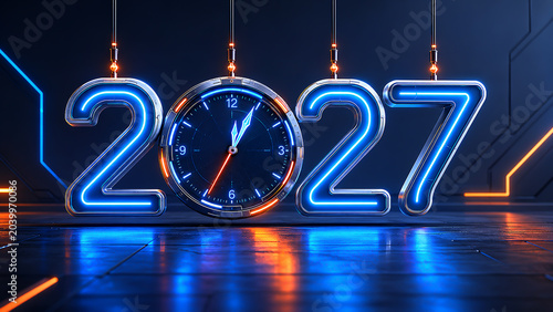 New Year 2027 Creative Futuristic Design Concept with Clock 
