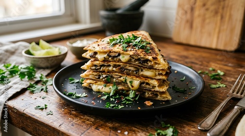 Delicious stacked quesadillas with fresh cilantro and lime served on a rustic wooden table in a warm kitchen setting for lunch
