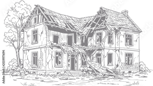 Bild auf Leinwand Dilapidated house ruined building with collapsed roof and broken walls