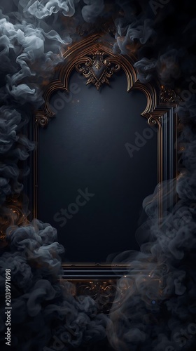 Mystical dark gothic mirror with golden leaves and eerie smoke in moody atmosphere
