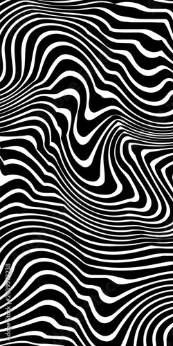 Abstract black and white wavy lines creating a dynamic optical illusion background.