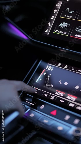 Vertical video of Man finger press heating button in the car. Pressing Heated seat dashboard in a car. Switching ON heated seats of car by pressing the buttons. Car control panel with seat heating