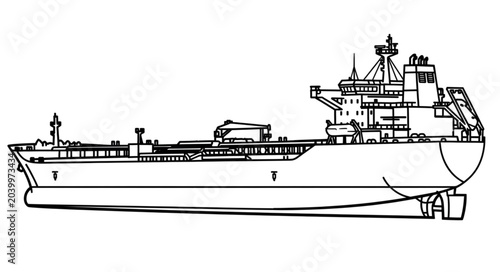 Bild auf Leinwand Detailed Line Drawing of a Large Cargo Ship.