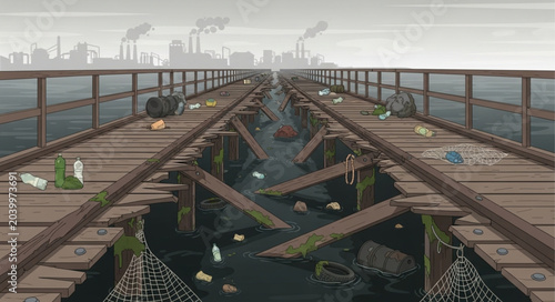 Bild auf Leinwand Dilapidated industrial bridge over polluted water with factory smoke in background