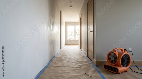 An orange air mover positioned on the floor of a residential hallway during home renovation to help dry newly painted walls and fresh interior surfaces