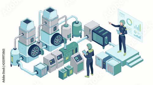 Modern industrial factory with automated machinery and technicians.