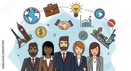 Fotografia Diverse business team with global icons and symbols.