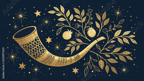 Golden shofar horn with pomegranates and leaves on a starry night sky background, a traditional jewish symbol for rosh hashanah and yom kippur