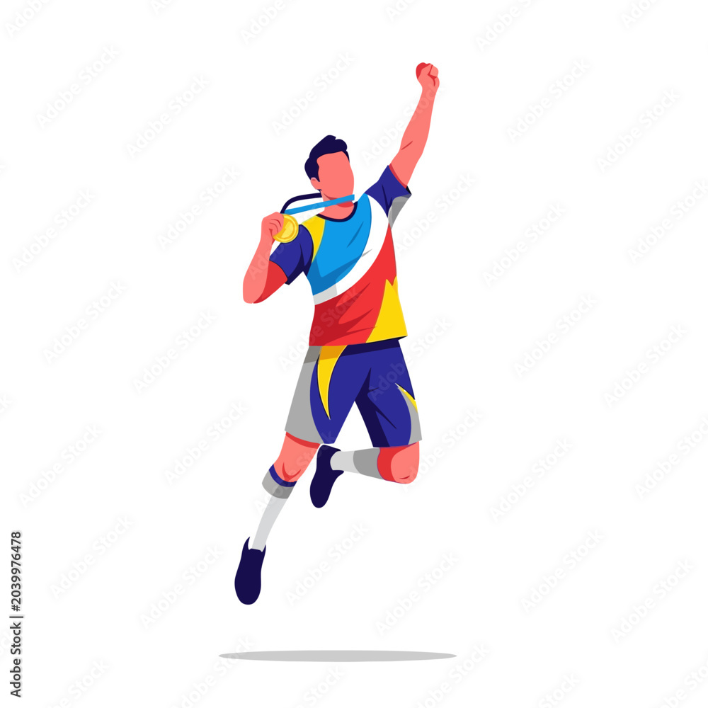 Obraz premium Champion vector illustration with gold medal and victory pose