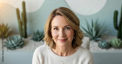 Woman smiling in office with succulent plants background