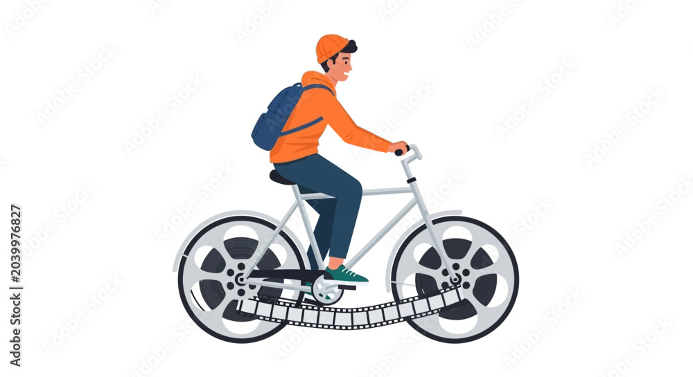 Fototapeta premium Young person on bicycle with film reel wheels vector illustration