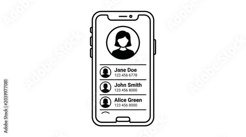Smartphone contact list displaying profiles and phone numbers in outline