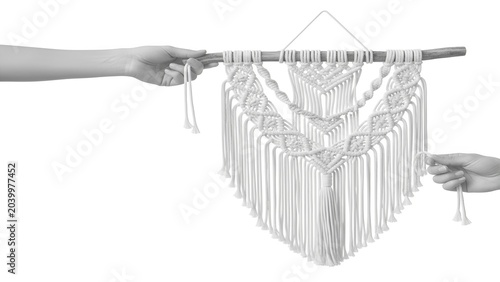 Handmade White Macrame Wall Hanging with Intricate Knots and Fringe, Bohemian Fiber Art Isolated on White Background