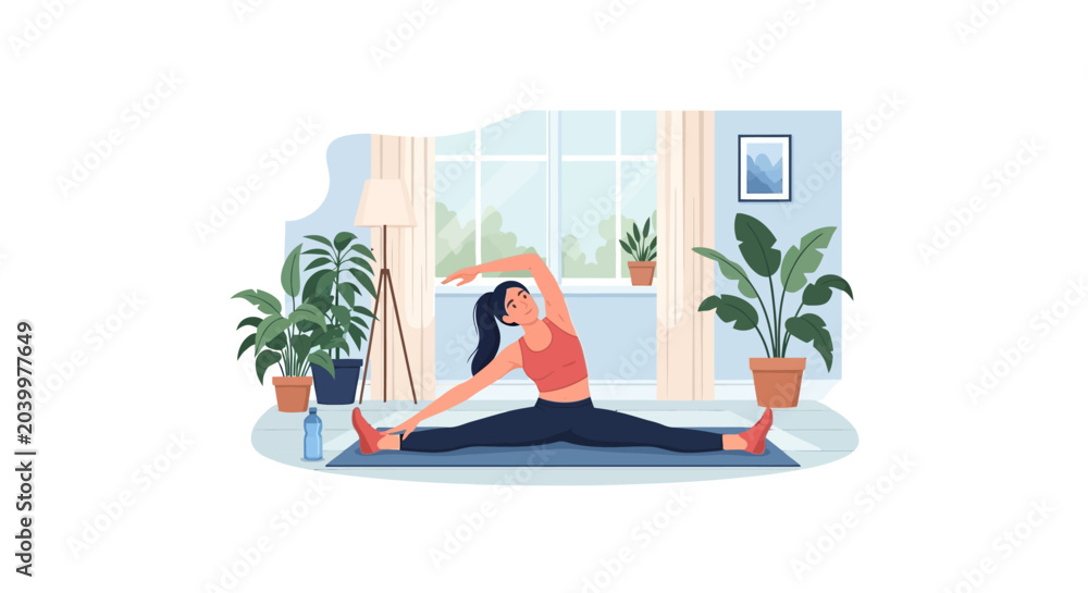 Obraz premium Young Woman Doing Side Stretch on Yoga Mat in a Bright Living Room, Home Fitness and Wellness Illustration