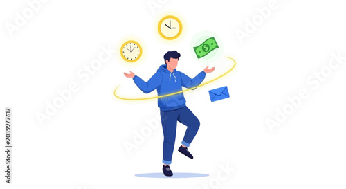 Man juggling time and finances concept in flat design vector illustration