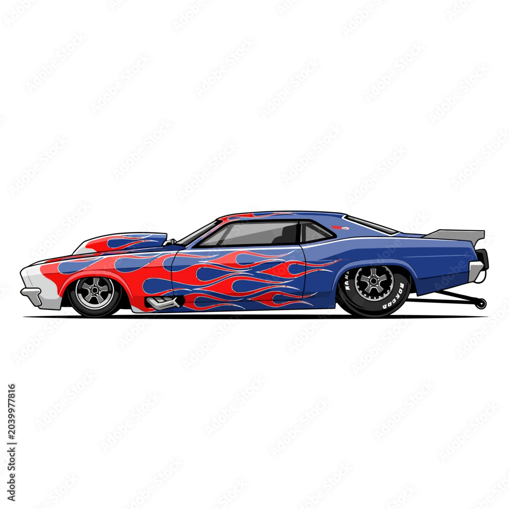 Obraz premium Cartoon Classic Muscle Car with Flames - Side View