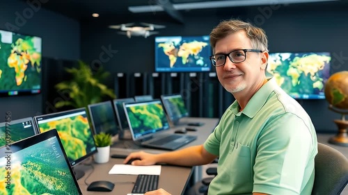 Man working in an office with computer screens displaying maps
