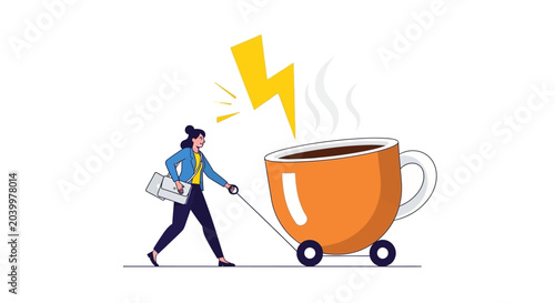 Woman pulling large coffee cup symbolizing energy and productivity