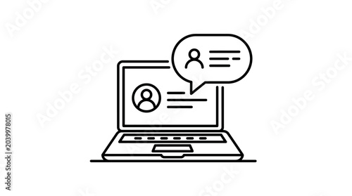 Laptop computer with user profile and chat bubble icon for communication