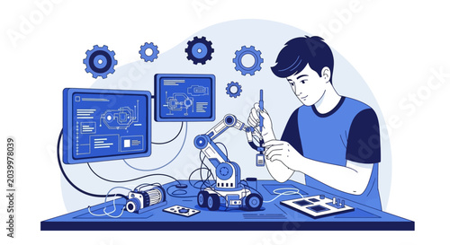 Young technician working with robotic arm and computer screens