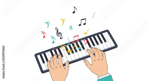 Hands playing piano with musical notes vector illustration for design