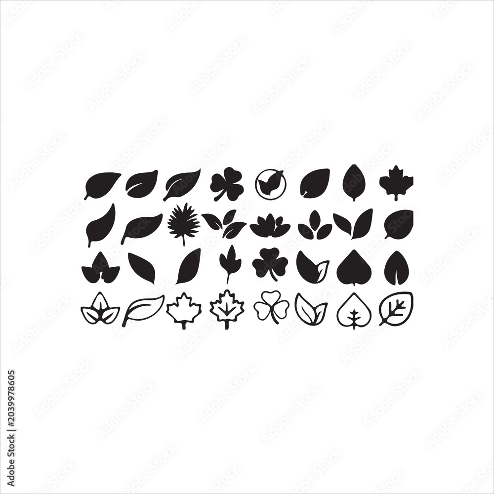 Fototapeta premium Collection of various stylized leaf and plant icons in black Vector