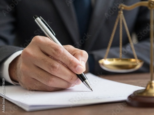 a person in formal attire diligently writing with a pen at a desk, surrounded by legal and professional tools, suggesting a moment of focused legal and business work.