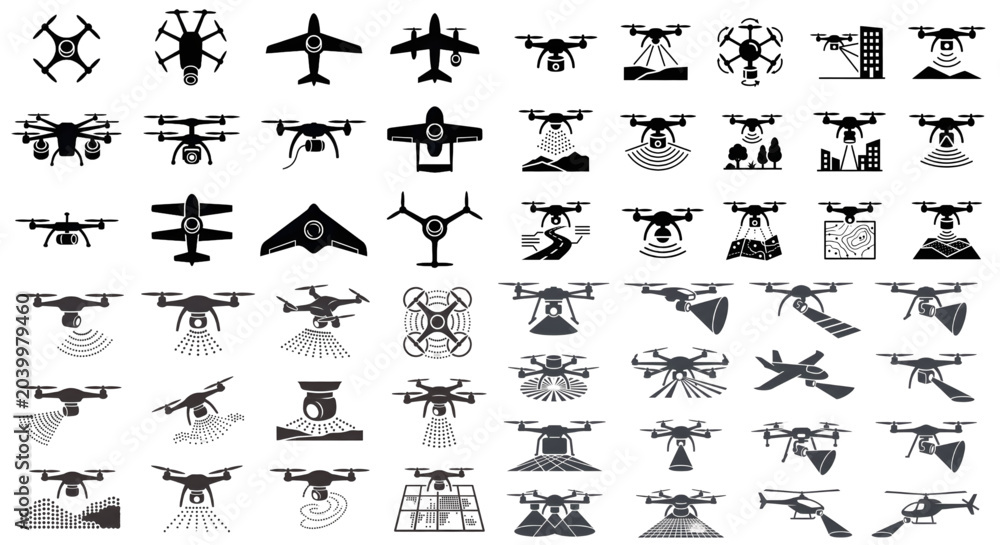Naklejka premium Modern mapping technology laser scanning drone icons set with rotating cylindrical LiDAR sensor, field irrigation, aerial photography, cargo delivery, building inspection, topographic scanning, UAV, 
