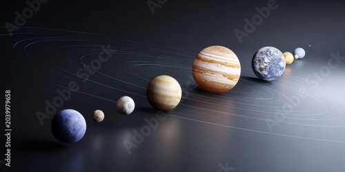 the solar system with all planets orbiting the sun, dark background