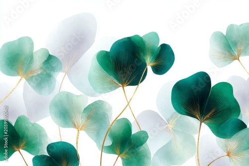 watercolor clover leaves with gold foil accents, seamless pattern on a white background, soft green and dark emerald colors.